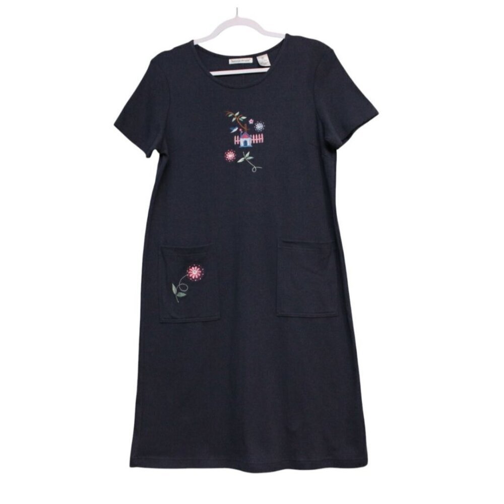 NWT Vintage Midi Dress Medium Navy Embroidered Bird Cottagecore Grandma Casual